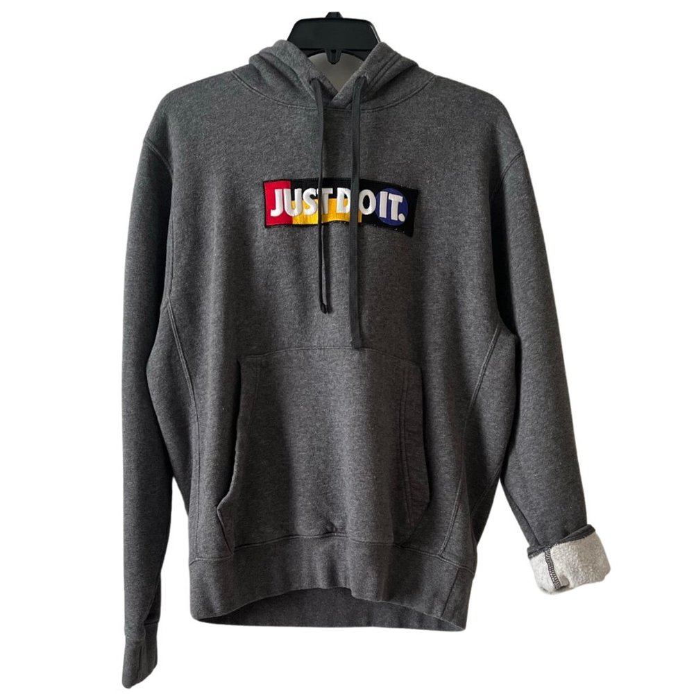 NIKE Just Do It Pullover Hoodie Sweater Embroidered Patch With Pockets Size S